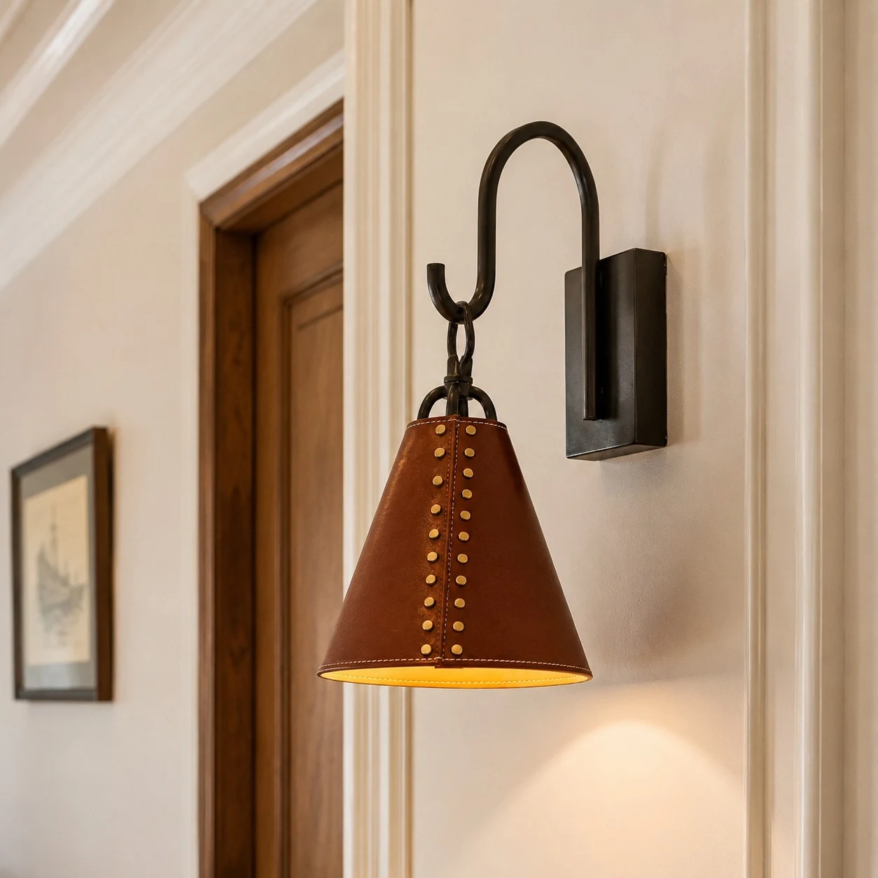 Black and red leather cone wall sconce installed beside a doorway
