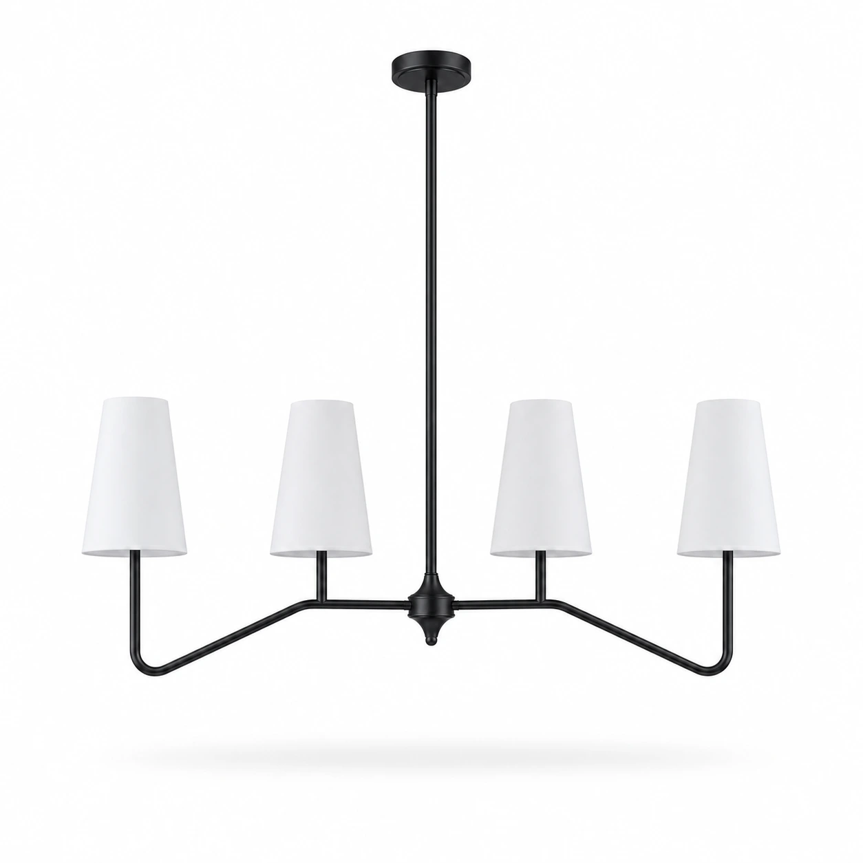 Strellux linear chandelier in black finish with white shades