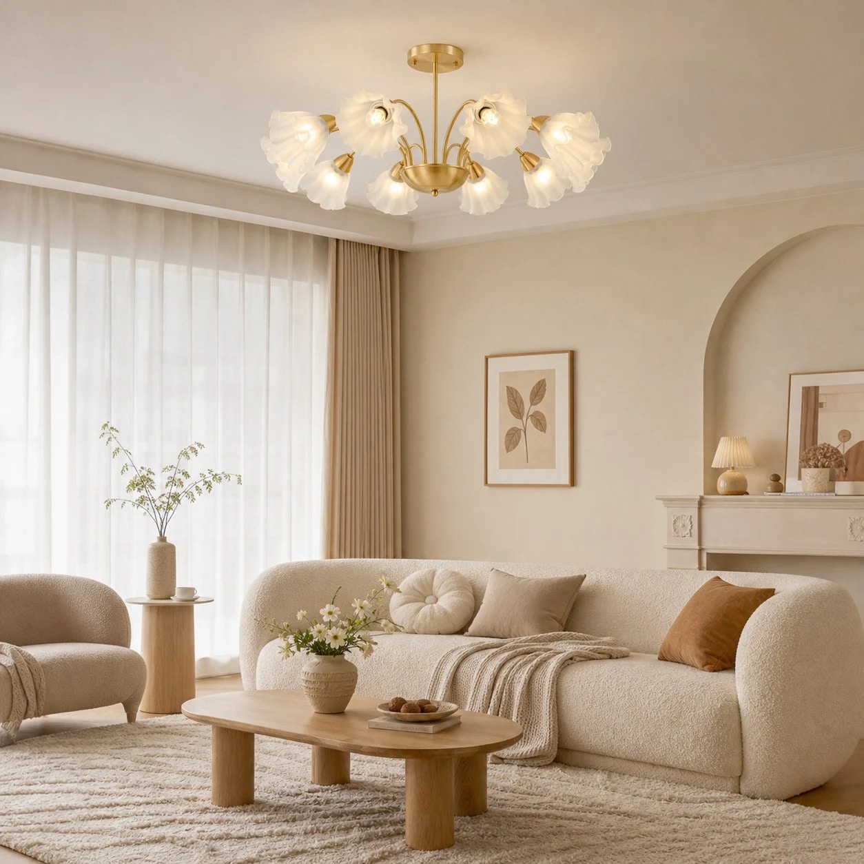 Ten-arm floral glass chandelier installed in a bright living room