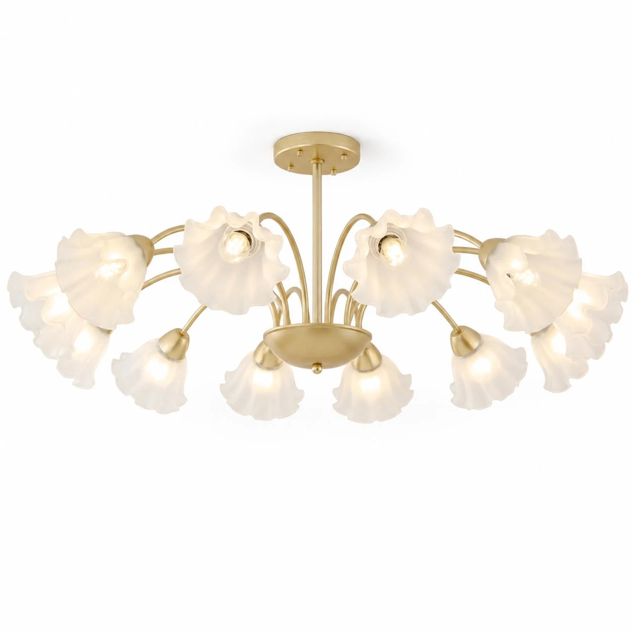Gold-finished iron twelve-arm floral glass chandelier on a white background