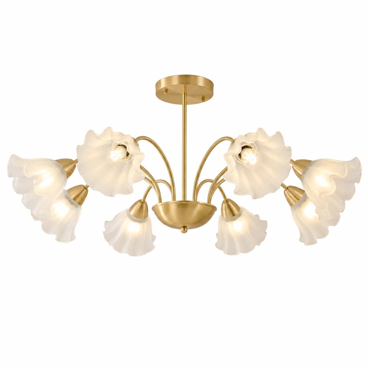 Solid brass eight-arm floral glass chandelier on a white background